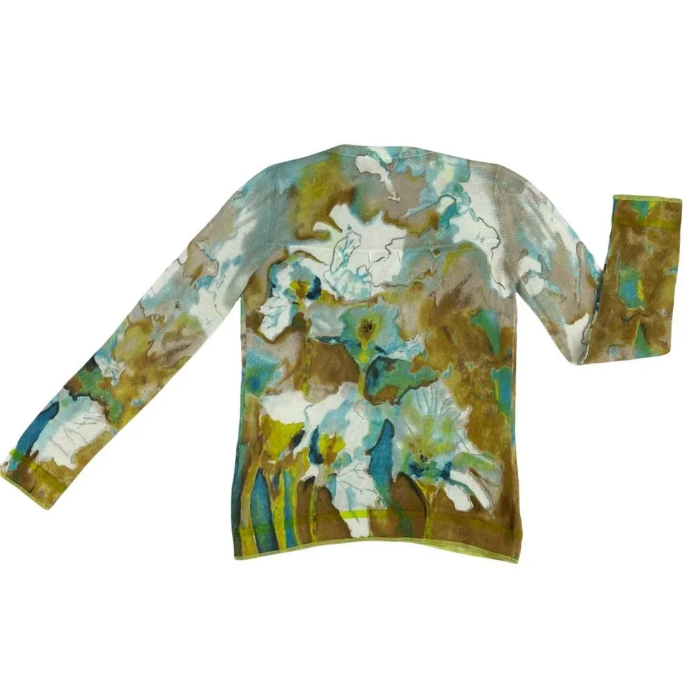 Luisa Cerano Watercolor Tye-Dye Bright Green V-neck Soft Cardigan Women's Size 6 - Picture 3 of 11